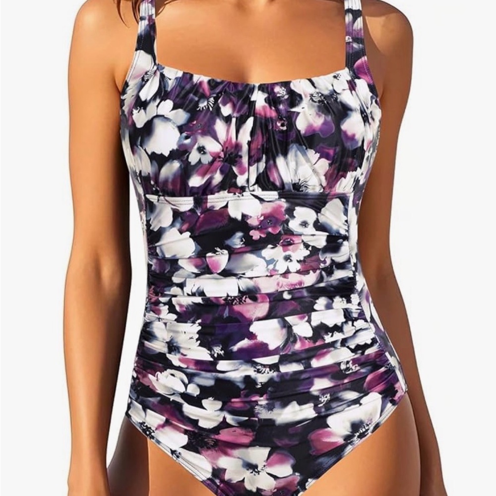 Elegant Floral One-Piece Swimsuit - Purple and White
